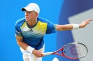 Kyle Edmund of Great Britain plays a forehand shot during his Men's Singles first round match against Grega Zemlja of Slovenia on day two of the AEGON Championships at Queens Club on June 11, 2013 in London, England. 18-year-old Edmund, ranked 385 in the world and a wild card entrant will take on Janowicz in the first round. (Getty Images)